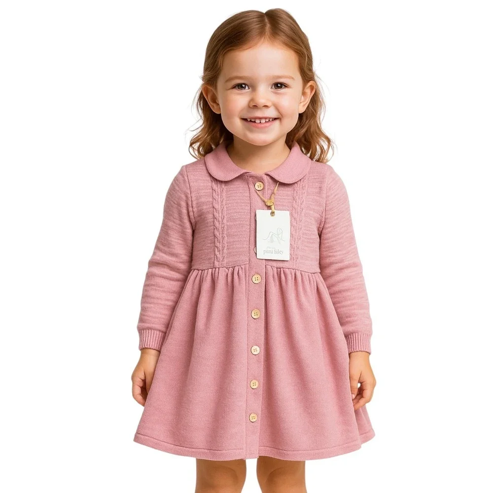 New Finding Foxtale Girls‎ Pink Heathered  Viscose Cotton Button Knit Dress 6